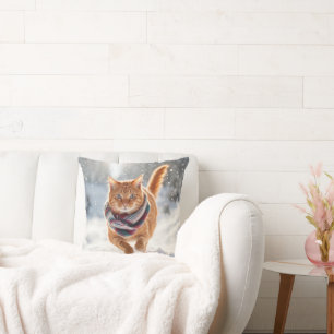 Ginger Cat Running In Snowflakes Throw Pillow