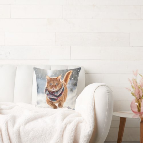 Ginger Cat Running In Snowflakes Throw Pillow