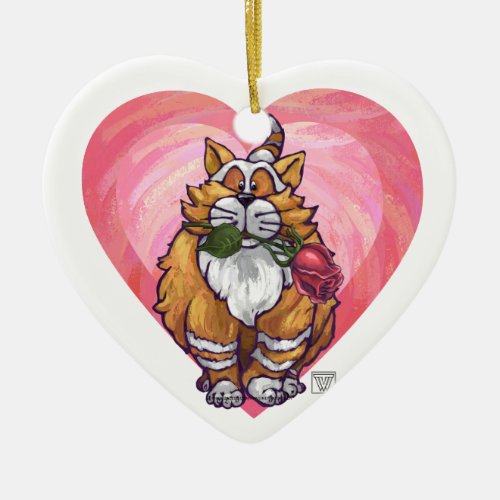 Ginger Cat Valentines Day Ceramic Ornament
