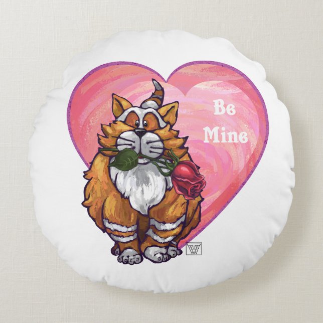 Ginger Cat Valentine's Day Round Pillow (Front)