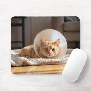 Ginger Cat Wearing a Cone of Shame Mouse Pad