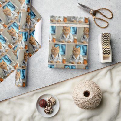 Ginger Cat Wearing a Doctor Lab Coat Wrapping Paper