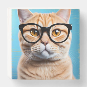 Ginger Cat Wearing Glasses Wooden Box Sign