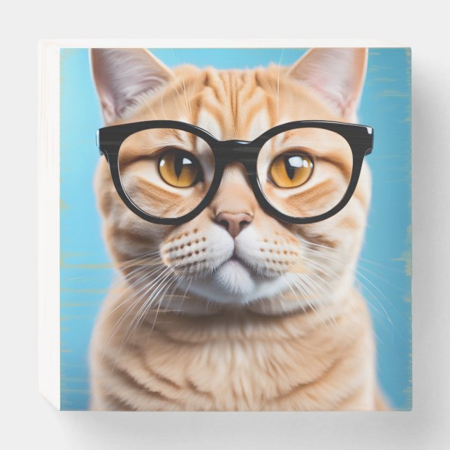 Ginger Cat Wearing Glasses Wooden Box Sign (Front Horizontal)