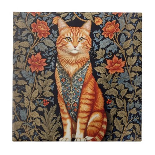 Ginger Cat William Morris Inspired Floral Ceramic Tile