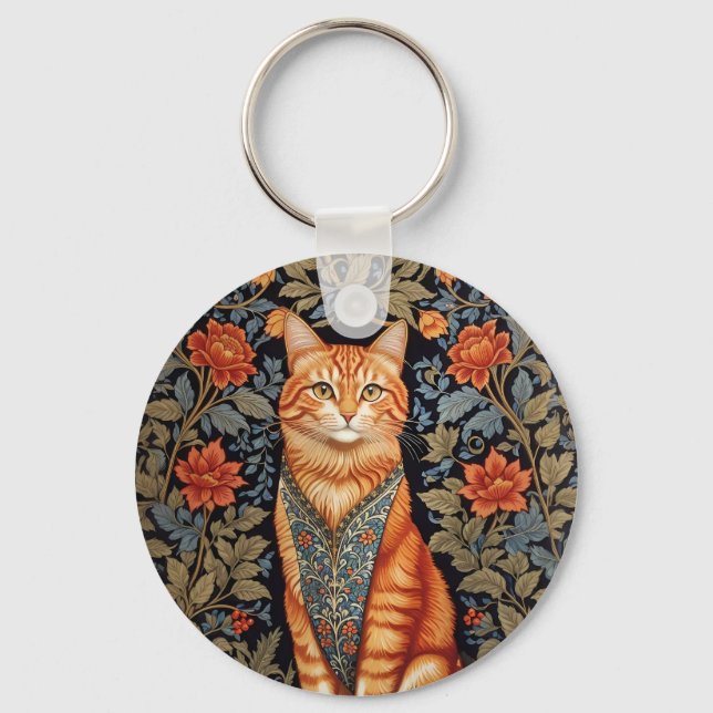 Ginger Cat William Morris Inspired Floral Keychain (Front)