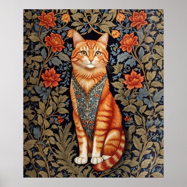 Ginger Cat William Morris Inspired Floral Poster (Front)