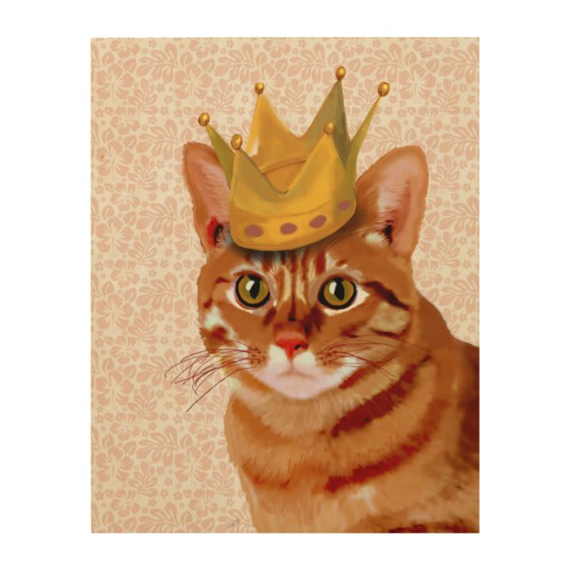 Ginger Cat with Crown Portrait Wood Wall Art (Front)