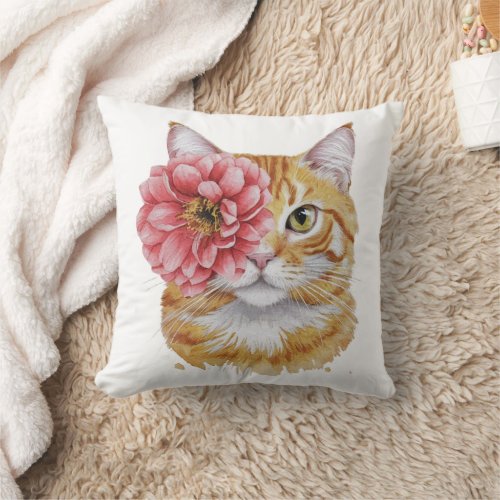 Ginger Cat with Flower Eye Throw Pillow