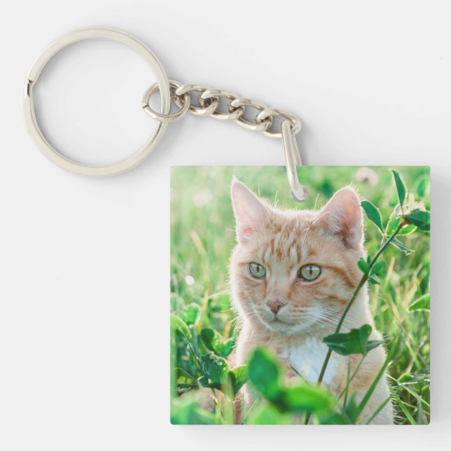 Ginger Cat with Green Eyes in Grass Keychain (Front)