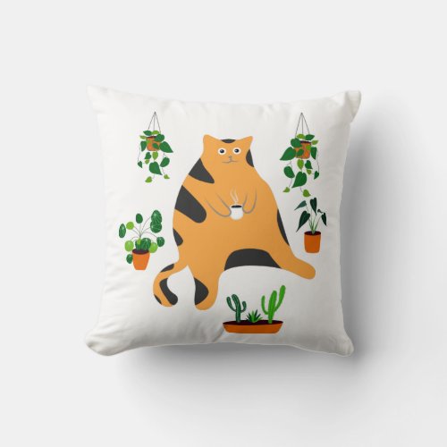 Ginger Cat With Plants Cute Cat With Plants Throw Pillow