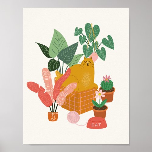 Ginger Cat with Plants Poster