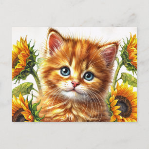 Ginger Cat With Sunflowers Watercolor Postcard
