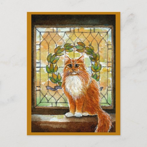 Ginger cat with Victorian stained glass postcard