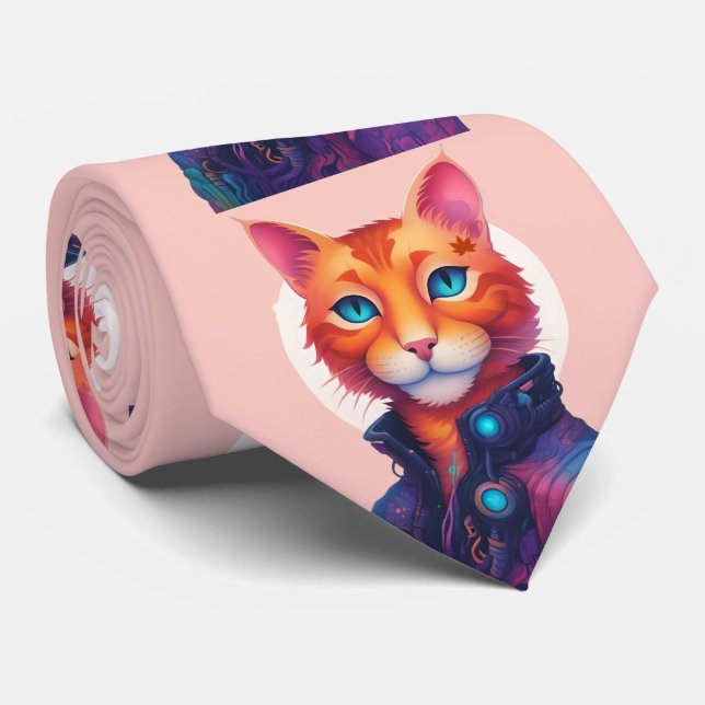 Ginger Cyberpunk Cat,  Neck Tie (Rolled)