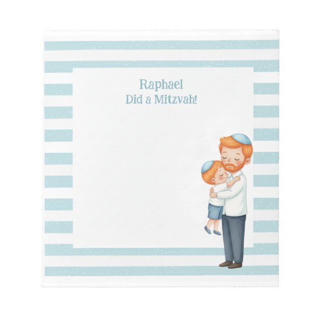 Ginger Dad & Son Hug Personalized Mitzvah Notepad (Front)
