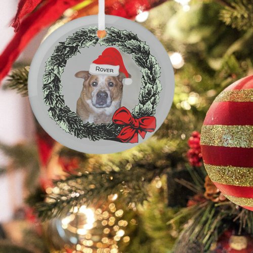 Ginger Dog in Santa Hat inside Christmas Wreath   Glass Ornament