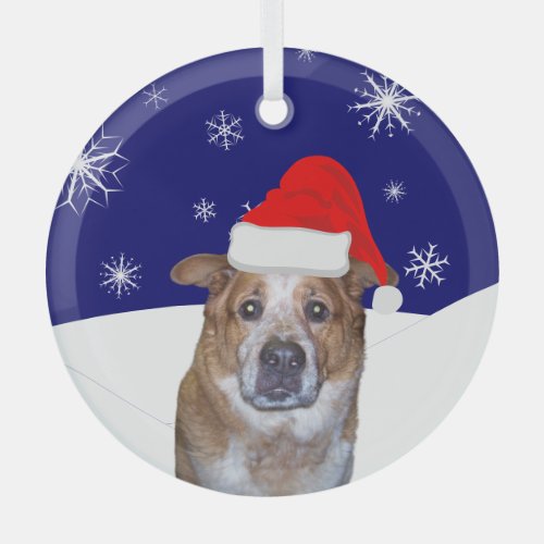 Ginger Dog in Santa Hat with Snowy Hills   Glass Ornament