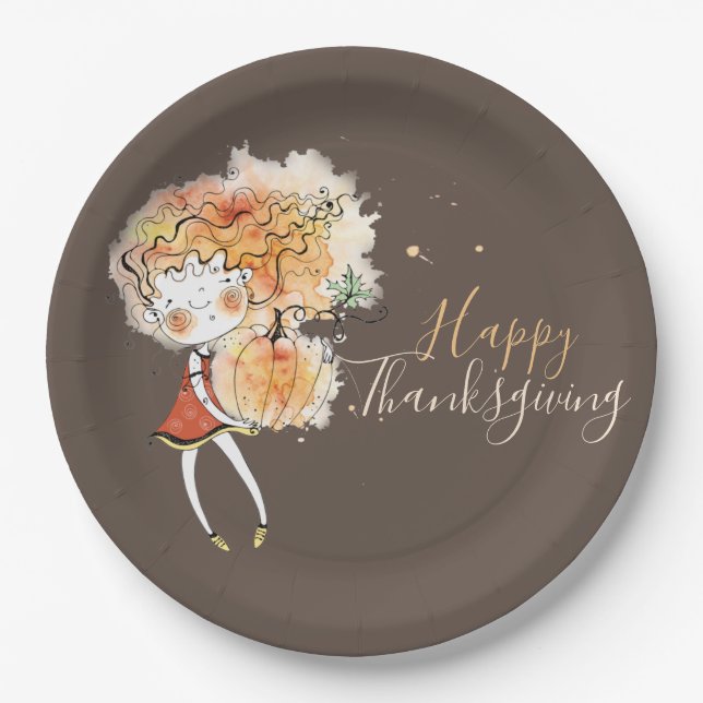 Ginger Girl with Pumpkin Thanksgiving   Paper Plates (Front)