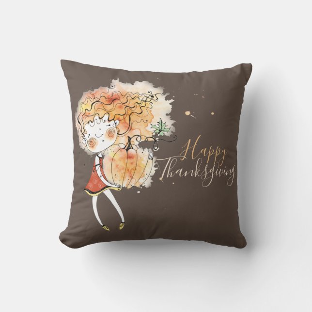 Ginger Girl with Pumpkin Thanksgiving Throw Pillow (Front)