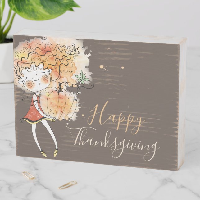 Ginger Girl with Pumpkin Thanksgiving  Wooden Box Sign (In Situ Horizontal)