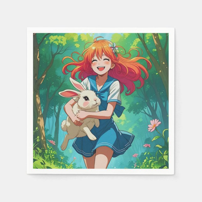 Ginger-haired Anime Girl with her Bunny Napkins (Front)