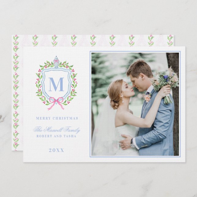 Ginger Jar & Christmas Berries Crest Monogram  Invitation (Front/Back)