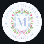 Ginger Jar & Christmas Berries Monogram Address Classic Round Sticker<br><div class="desc">This sticker has a preppy grandmillennial design featuring a Christmas crest with a Chinoiserie ginger jar surrounded by berries. You can personalize with your initial,  name and address.</div>