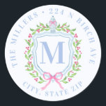 Ginger Jar & Christmas Berries Monogram Address Classic Round Sticker<br><div class="desc">This sticker has a preppy grandmillennial design featuring a Christmas crest with a Chinoiserie ginger jar surrounded by berries. You can personalize with your initial,  name and address.</div>
