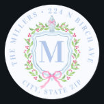 Ginger Jar & Christmas Berries Monogram Address Classic Round Sticker<br><div class="desc">This sticker has a preppy grandmillennial design featuring a Christmas crest with a Chinoiserie ginger jar surrounded by berries. You can personalize with your initial,  name and address.</div>