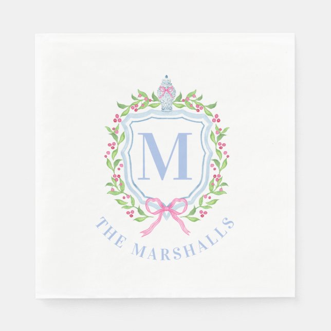 Ginger Jar & Christmas Berries Monogram  Napkins (Front)
