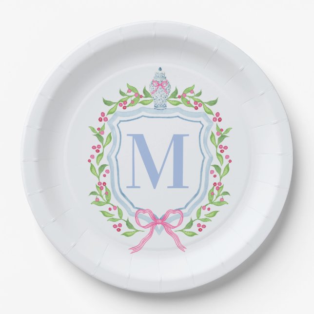 Ginger Jar & Christmas Berries Monogram Paper Plates (Front)