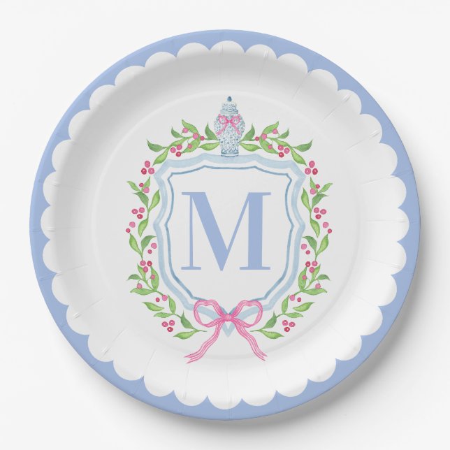 Ginger Jar & Christmas Berries Monogram Scalloped Paper Plates (Front)