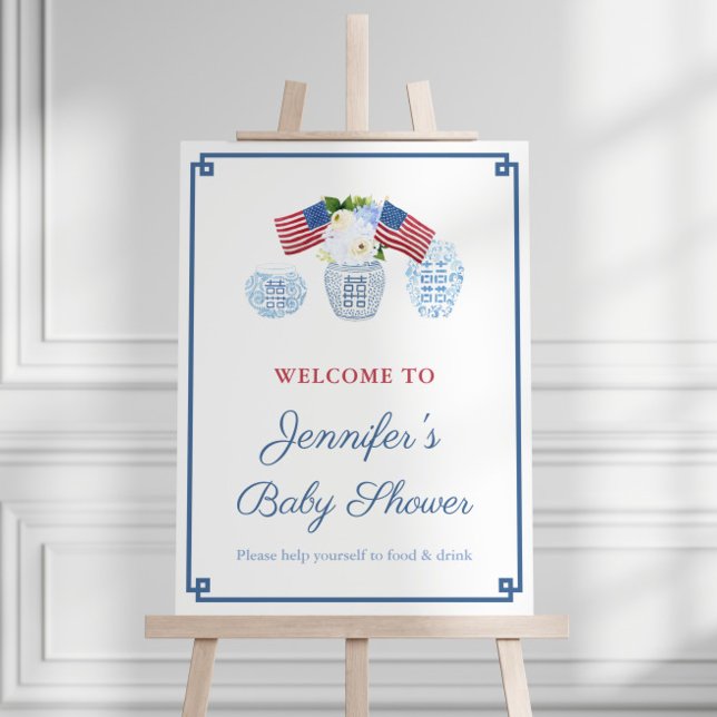 Ginger Jar Memorial Day Baby Shower Welcome Sign (Chinoiserie Chic Red White And Blue July 4th Baby Shower Welcome Sign)