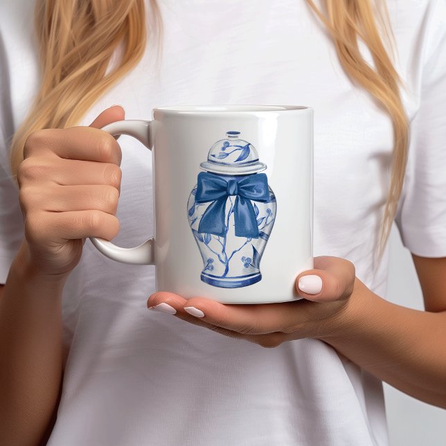 Ginger Jars Bows Chinoiserie Ceramic Coffee Mug (Chinoiserie blue white ginger jar bow personalized mug)