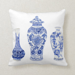 Ginger Jars Chinoiserie Blue and White Floral Vase Throw Pillow