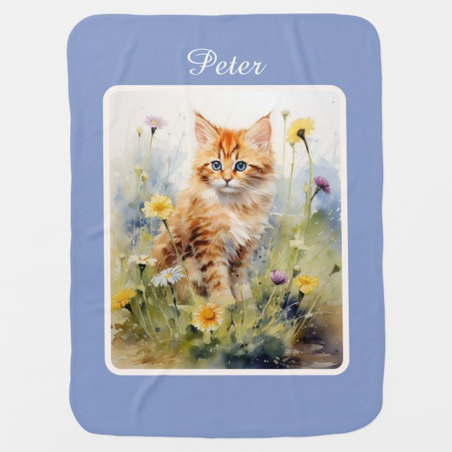 Ginger Kitten Fleece Baby Blanket With Name (Front)