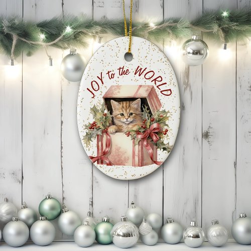 Ginger Kitten Gift Box Joy to the World Holiday Ceramic Ornament
