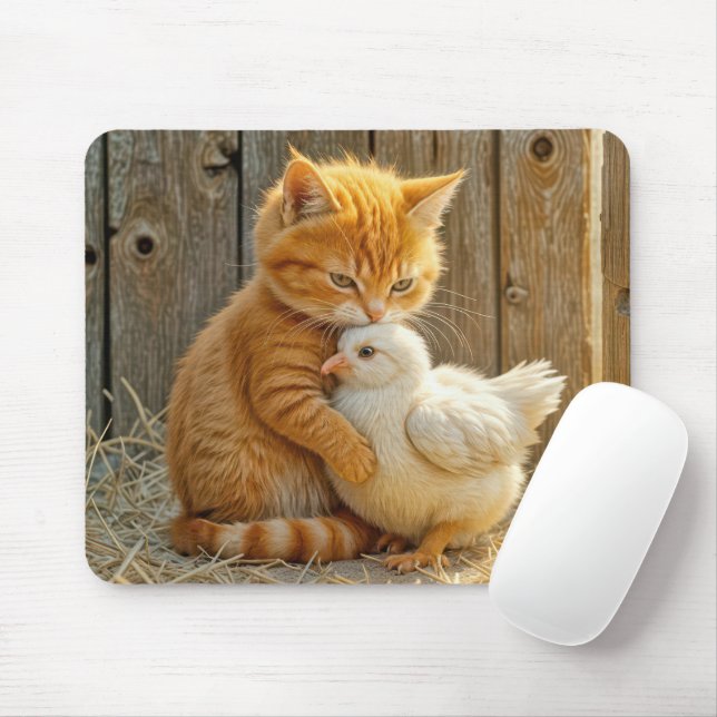 Ginger Kitten Hugging a Baby Chick Mouse Pad (With Mouse)