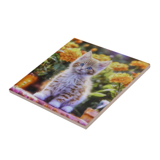 Ginger Kitten in a Flower Garden Ceramic Tile (Side)