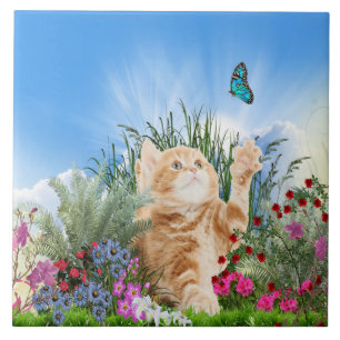 Ginger kitten playing with a butterfly ceramic tile