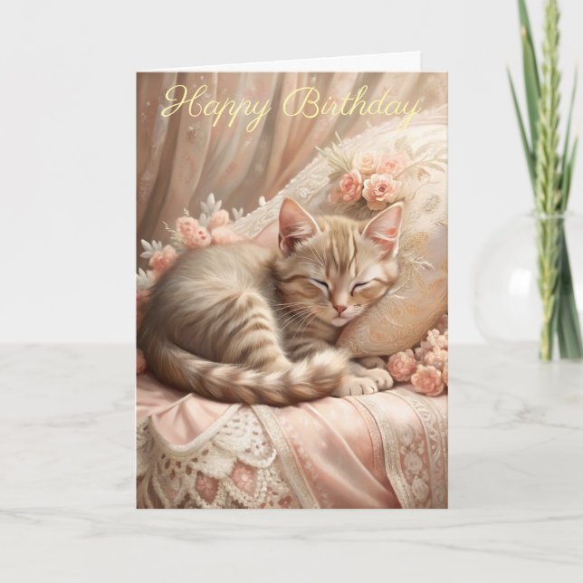 Ginger Kitten Sleeping (Shabby Chic) Birthday Card (Front)