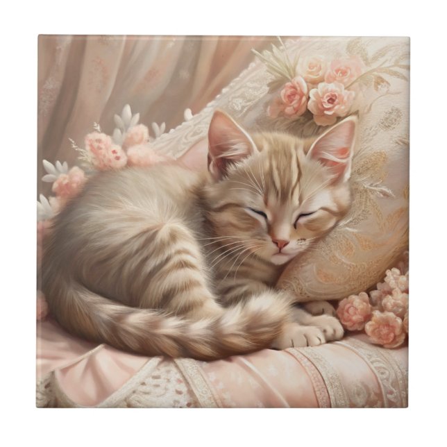 Ginger Kitten Sleeping (Shabby Chic) Ceramic Tile (Front)