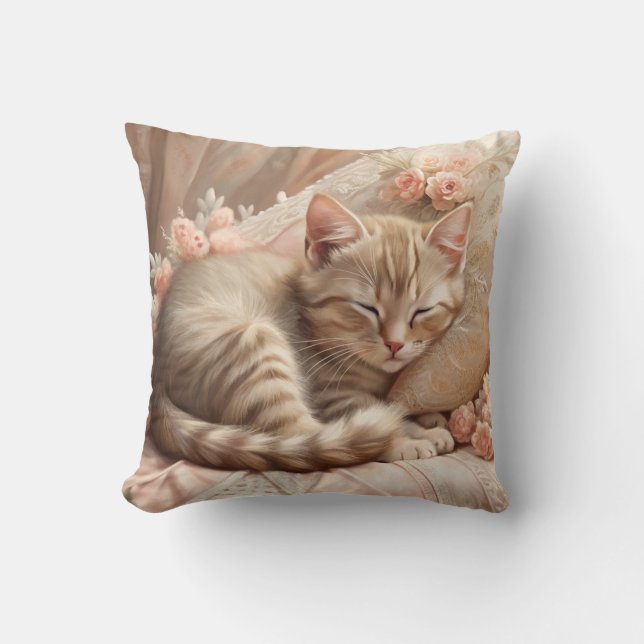 Ginger Kitten Sleeping (Shabby Chic) Throw Pillow (Front)