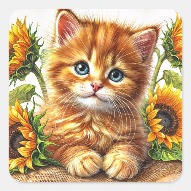 Ginger Kitten Sunflower Portrait Art Square Sticker (Front)