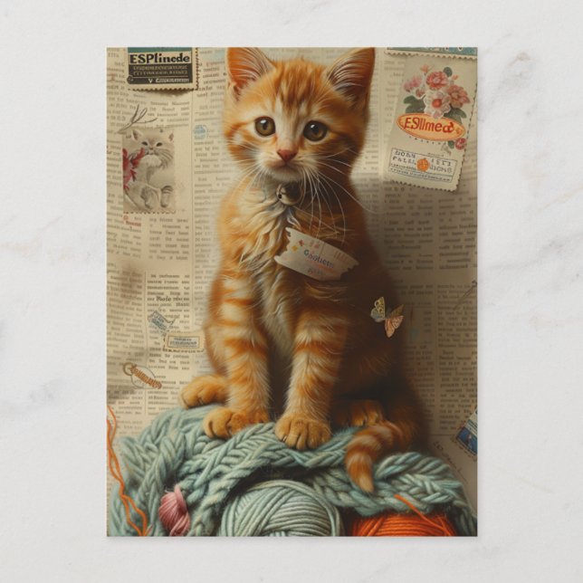 Ginger Kitten Yarn Collage Mixed Media Postcard (Front)