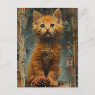 Ginger Kitten Yarn Collage Mixed Media Postcard