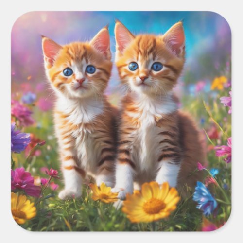 Ginger kittens in a field stickers square sticker