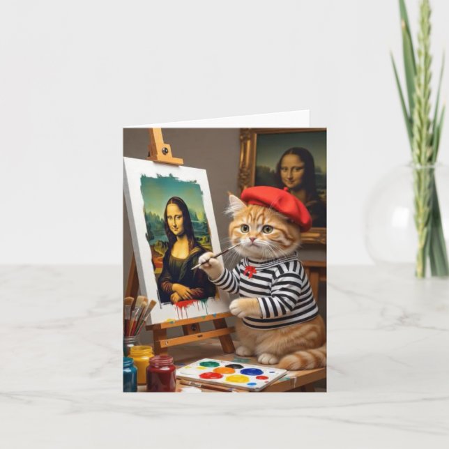 Ginger Kitty Artist Painting Mona Lisa Thank You Card (Front)