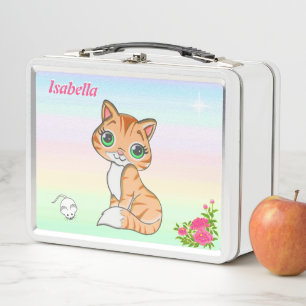 Ginger kitty cat, mouse & star on pastel colors metal lunch box